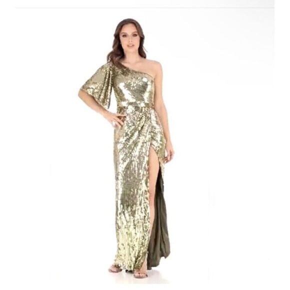 Mac Duggal Gold Sequin One Shoulder High Slit Evening Gown Dress sz 10 NWT $698 - Picture 2 of 12